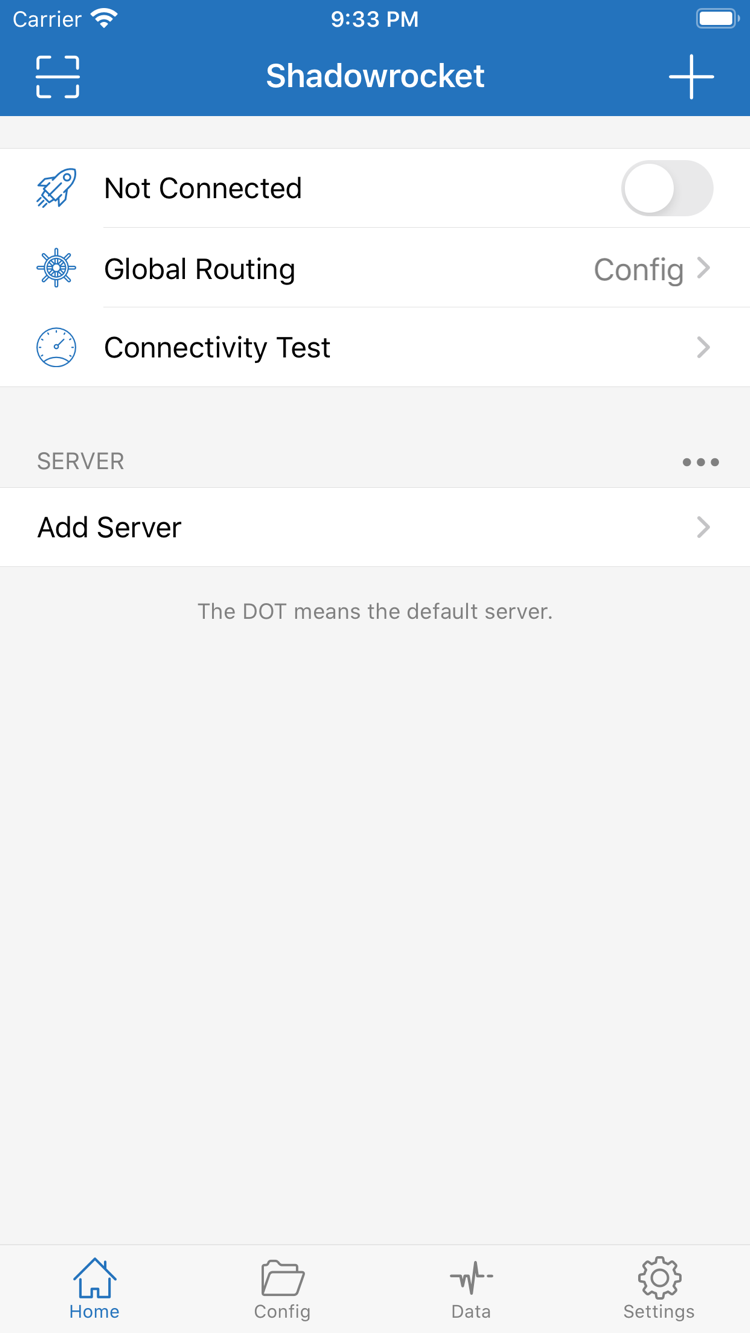 Shadowrocket 主畫面，頂端顯示 Not Connected 開關、Global Routing 與 Connectivity Test，下方為 SERVER 分組及 Add Server