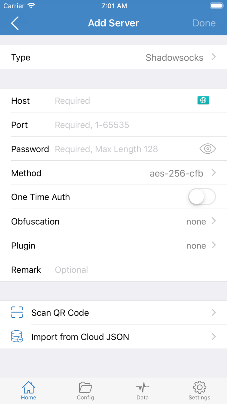 Shadowrocket 新增伺服器介面，顯示 Type、Host、Port、Password、Method 及 QR Code 匯入入口