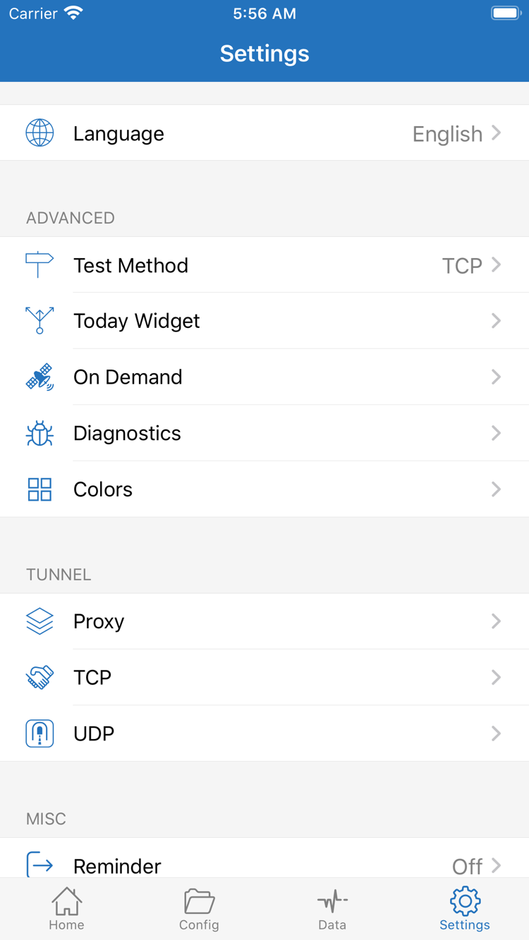 Shadowrocket 設定介面，顯示 Language、Test Method、Today Widget、On Demand、Diagnostics、Proxy、TCP 與 UDP