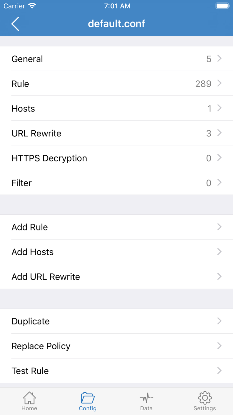 Shadowrocket 設定檔編輯介面，顯示 General、Rule、Hosts、URL Rewrite、HTTPS Decryption 與 Add Rule